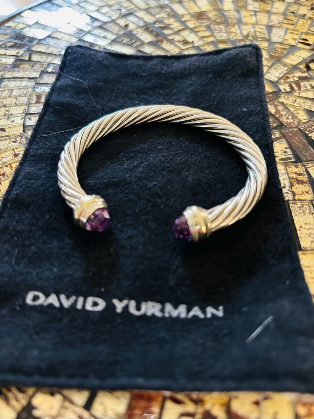 David Yurman Silver Cable Cuff with Purple Stone Terminals - Size 7MM - Medium - Picture 3 of 5